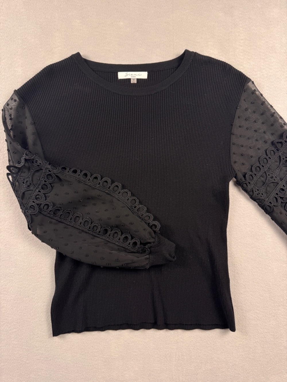 Siani Milano Black Sheer Lace Puffy Sleeve Balloon Knit Sweater Women Medium